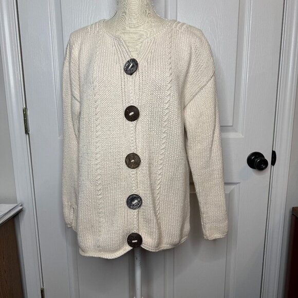 Pure Hand Knit Ivory Large Button Front Cotton Sweater Cardigan size L/XL - Picture 1 of 5